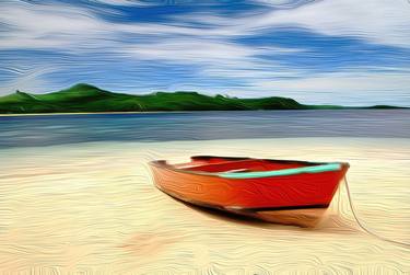 Boat beach, painting oil, nature, sunrise, sunset thumb