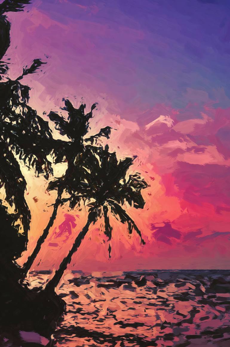 Pink sunset beach, painting oil, nature, sunrise, sunset Digital by  Patricia Antonio