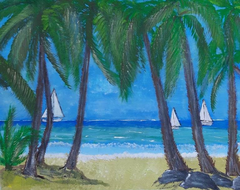 Palmės ir jūra Painting by Audrone Balsiene | Saatchi Art