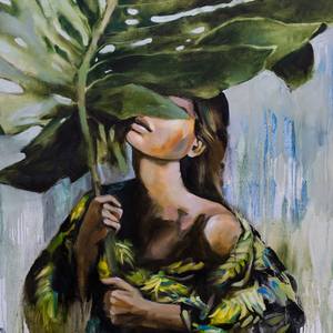Collection Botanical girls - Female portrait of tropical wall art, exotic plant leaves, expressionist art women portrait