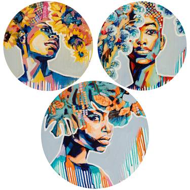 COLORFUL GRATITUDE – Triptych wall art, small round canvas, female colorful queen Tropical original decor, woman abstract portrait oil painting thumb