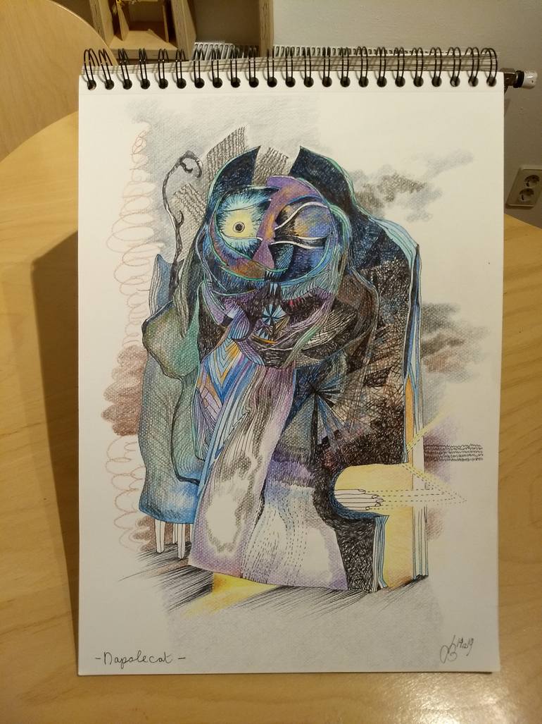 Original Cubism Cats Drawing by Cis Bakker
