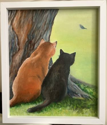 Copy of Cats and Bird Original Oil Painting on the canvas board thumb
