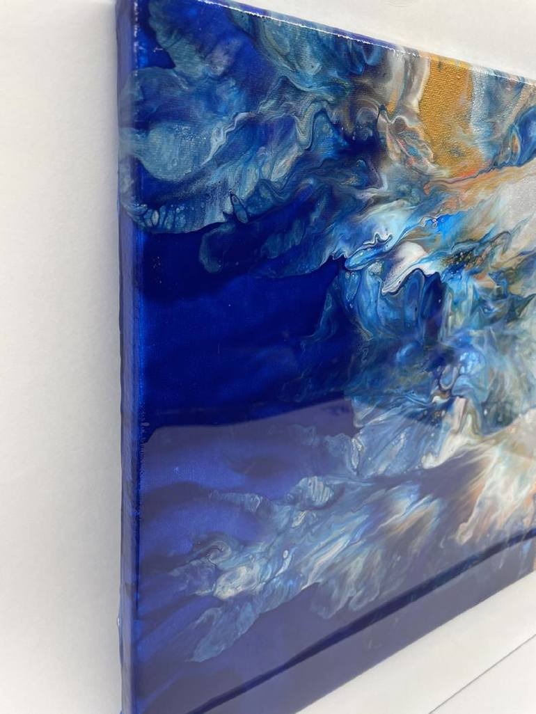 Blue and Silver Abstract Acrylic Canvas Painting 20” x 16” Epoxy