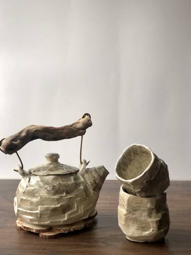 Kurinuki Tea Set of Cattle with Wooden Handle and 2 Cups / Ceramic Art Mug Tumbler Teapot Stoneware thumb