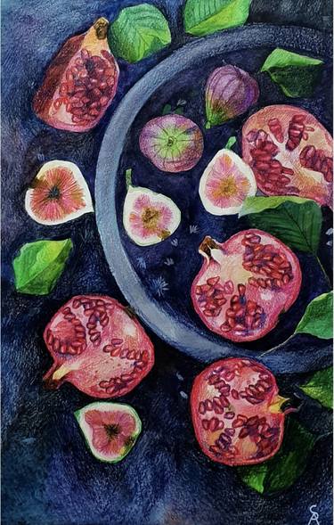 Pomegranate (red watercolor paper grey green illustration) thumb