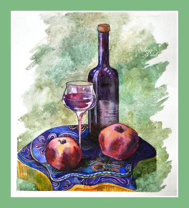 A bottle of wine (red,still life,pomegranate,green,wineglass) thumb