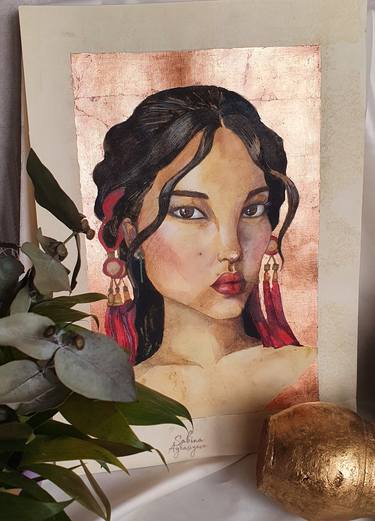 Ethnos (watercolor illustration portrait woman gold red) thumb