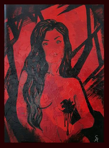 Disintegration (red black abstract canvas acrylic woman portrait) thumb