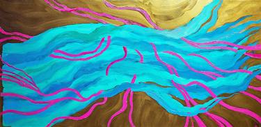 Excitement (oil painting abstract contemporary blue pink gold) thumb