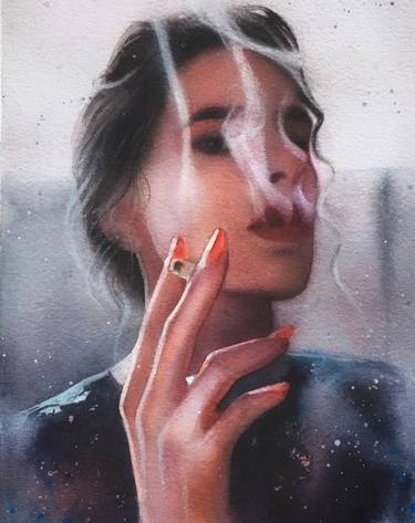 Smoking brunette with red nail polish thumb