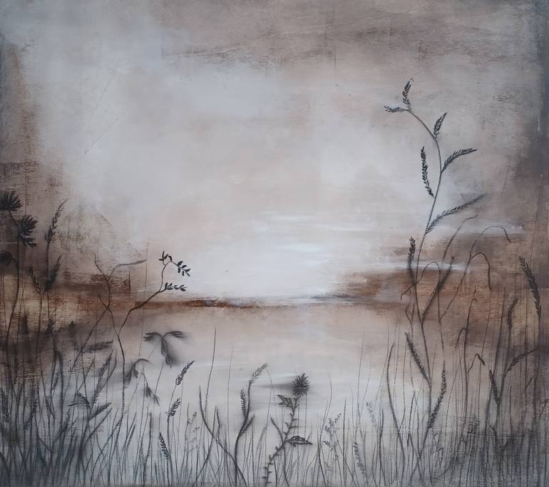 Original Landscape Mixed Media by Marzia Roversi | Figurative Art on Wood | Dawn over the lake (Landscape VI)