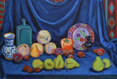Still life with apples on blue thumb