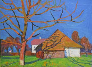 Landscape with a walnut tree against a blue sky thumb