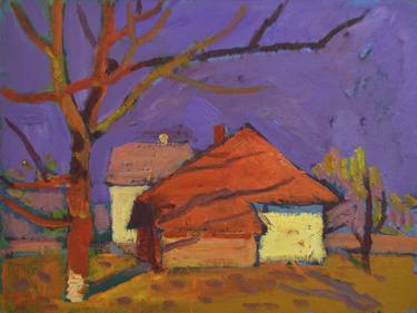 Landscape with a walnut tree against a purple sky thumb