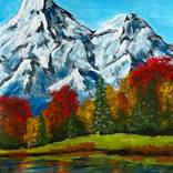 Autumn in the mountains. Light blue mountains. Gouache. by Natalia Ordobaeva