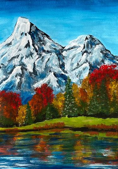 Autumn in the mountains. Light blue mountains. Gouache. thumb