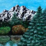 Blue firs and mountains. Mountain landscape. Painting Gouache by Natalia Ordobaeva