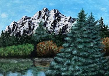Blue firs and mountains. Mountain landscape. Painting Gouache thumb