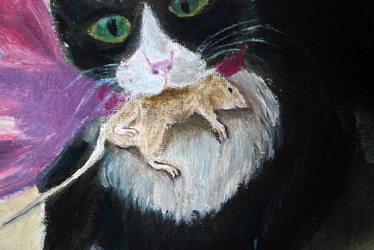 Leeloo, black cat, mouse, cat brought mouse, bouquet of lilacs Painting