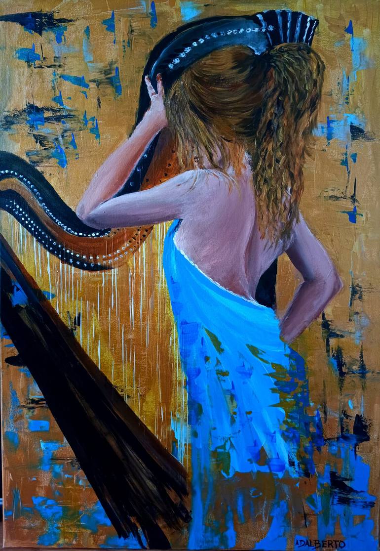 Girl playing the harp Painting by Wojciech ADALBERTO Matuszny