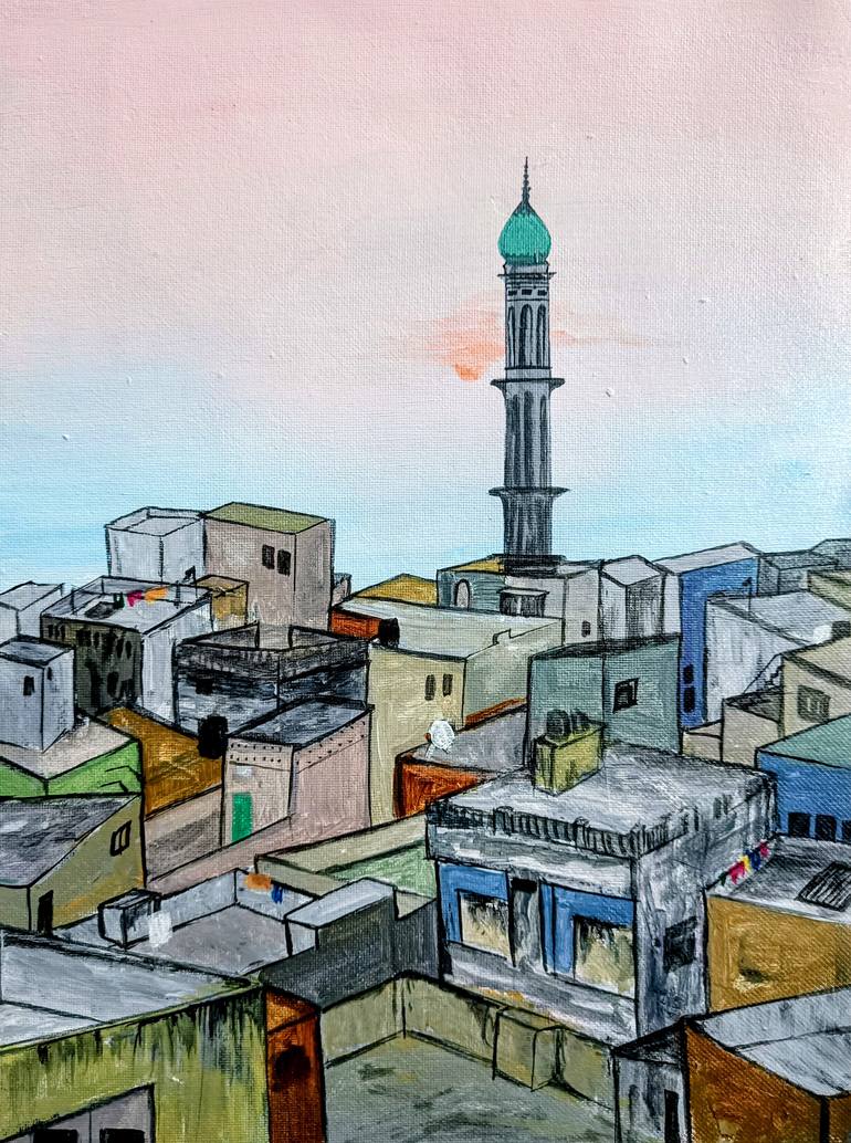 Original Architecture Painting by Mohita Garg | Contemporary Art on Canvas | Above the City - Original Painting of Rooftops and Minaret