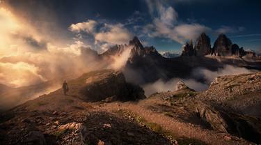 The man chooses the path. path to the tops of the mountains. Fog in the Dolomites. Height and silence - Limited Edition of 3 thumb