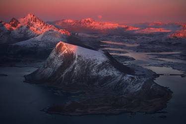 Full red moon at sunset. View from the plane to the mountains, sea and glacier. Mountain landscape - Limited Edition of 3 thumb