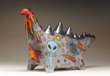 Ceramic sculpture Dinosaur, Hand painted fantasy figure,Clay Art thumb