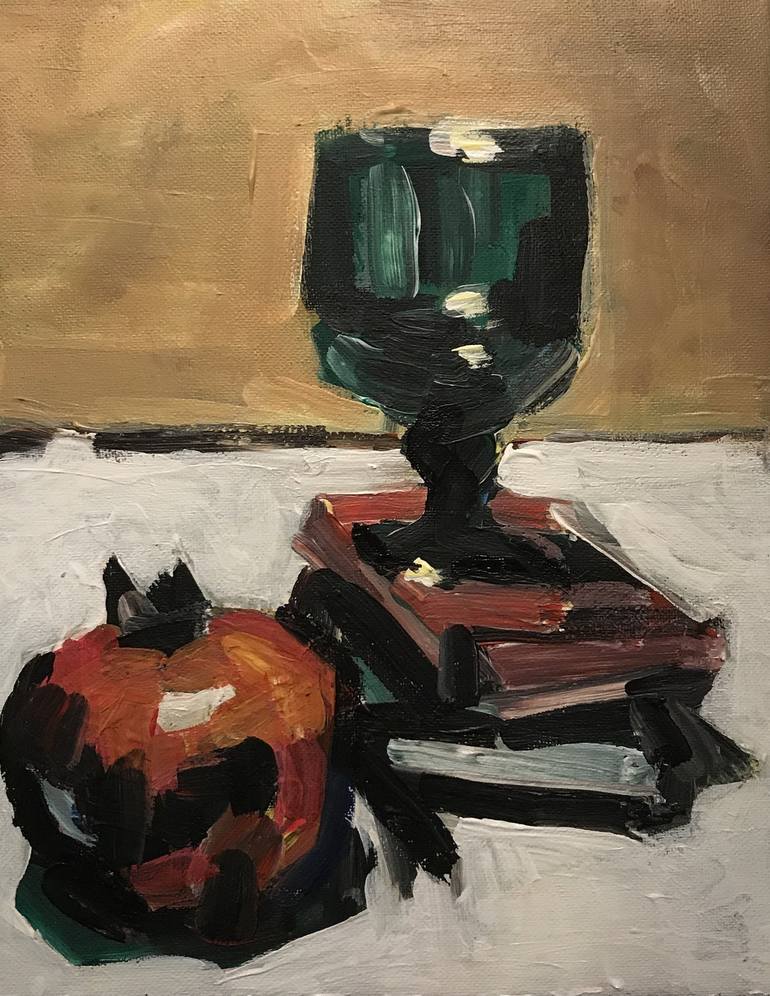 Original Still Life Painting by Henry Dawnay | Abstract Art on Canvas | books glass and pomegranate