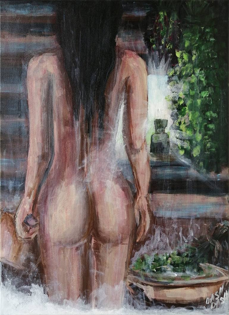 UPDATED - bath, russian bath, summer, girl, woman, nude, erotica, back,  ass, water, steam, cleanliness, home decor, gift idea, nature, village  Painting by Daria Motovilova | Saatchi Art