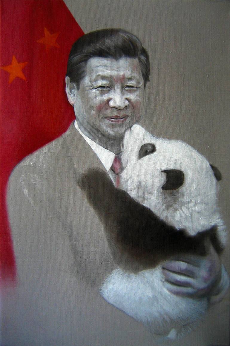 China leader XI JINPING. oil, chalk, sketching wash pencil Painting by  Rachel Windyk