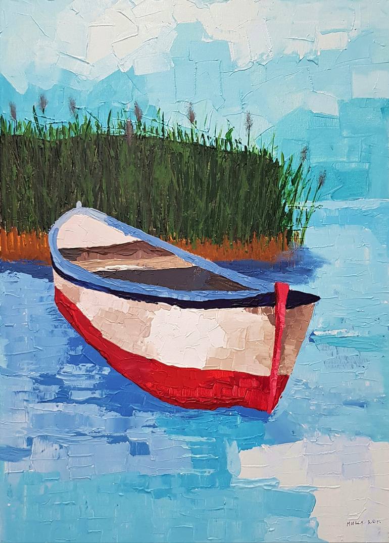 Old Fishing Boat Lake River Landscape Acrylic Painting Original