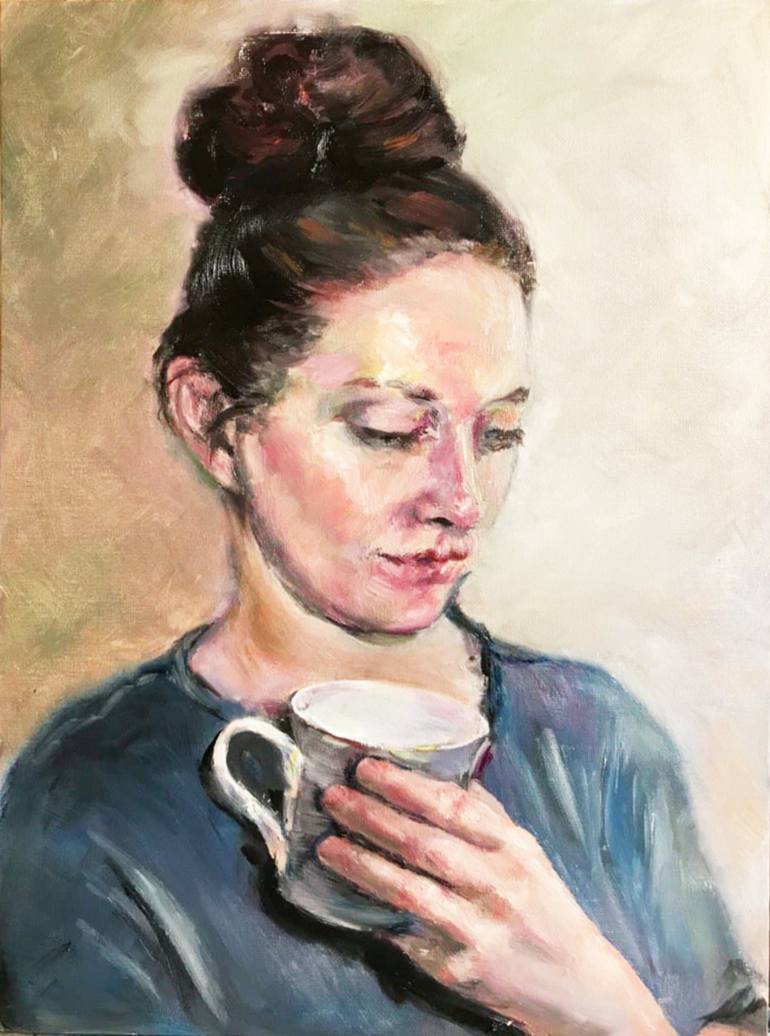 Girl With A Cup of Coffee Paint on Canvas Handmade DIY Set