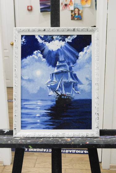 Boat in moonlight - oil artwork present for office or travel thumb
