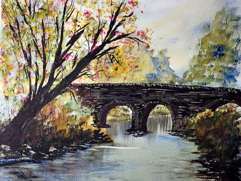 Bridge & Cherry Blossom Tree Painting by Wardah Halim | Saatchi Art