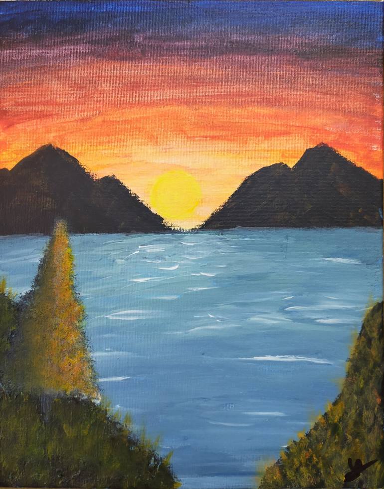 Original Landscape Painting by Alex Mario | Illustration Art on Canvas | Sunset by the lake