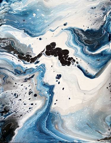 Snow storm 2. White and blue abstract art. Modern fluid art thumb