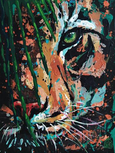 Tiger in green bushes | Wild cat, expressive portrait painting, animal face, orange tiger, green leaves, fern, black background, abstraction, acrylic on cardboard, palette knife, gift idea, table art, living room art | original thumb