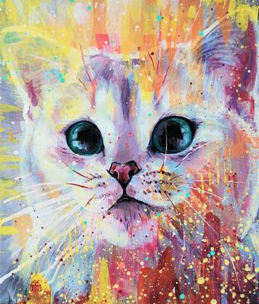 Morning | White cat with big green eyes and pink nose, pet, animal acrylic paintings, cat portrait, canvas on cardboard, expressive style, gift idea, painting in the bedroom | Original thumb