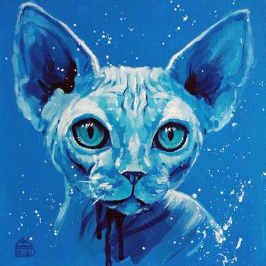 The Sphinx cat | Expressive pet portraits, miniature, animal wall art, grisaille, blue background, contemporary artwork, acrylic, expressive style, canvas on cardboard, gift for cat lovers, painting in the bedroom, livingroom, home wall decor, office art | The Blue Blood series, original thumb