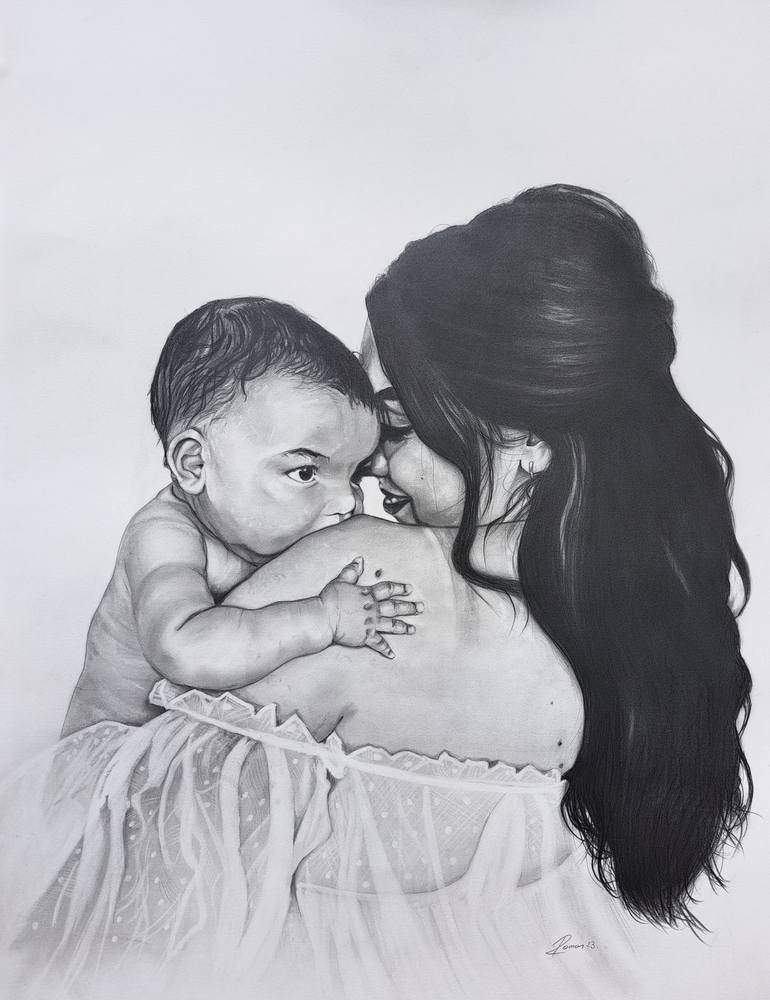 Portrait Mother & Child Nurture Drawing by Roman Fine Art Saatchi Art