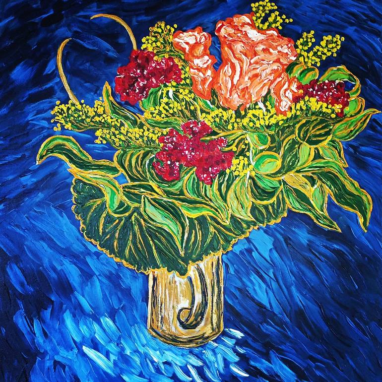 Flower Bouquet in cobalt blue sea Painting by Behnaz Hofelich | Saatchi Art