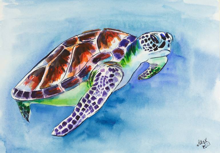 Sea turtle watercolor original painting Hawaii nautical sea life art ...