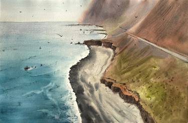 Iceland - bird's eye view on the beach and ocean thumb