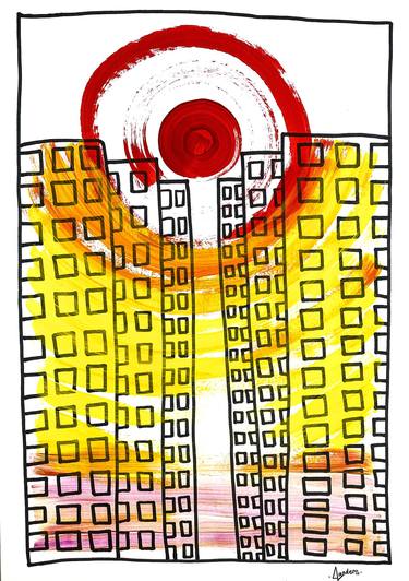 «THE RED SUN BETWEEN HOUSES» towers bildings windows acrylic marker yellow white minimalism thumb