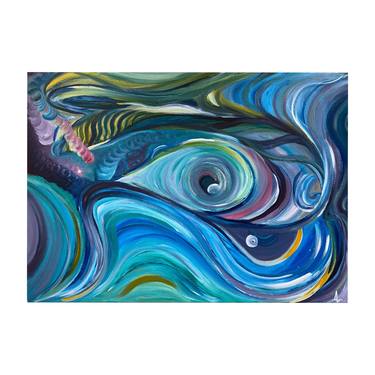 «WHALES» acrylic starry night seascape waves underwater space trip thumb