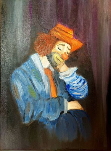 Original oil painting on stretched canvas Oil painting of clown "CLOWN DREAMER" Very colorful High quality painting thumb
