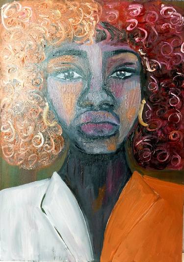Oil original painting Painting on panel Art on hardboard "AFRO LADY" Figurative artwork Impasto style art Afro woman Portrait painting thumb