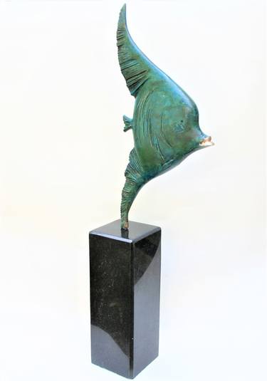 Blue Fish Bronze Sculpture Author's Sculpture Pedestal Black Granite Stone thumb